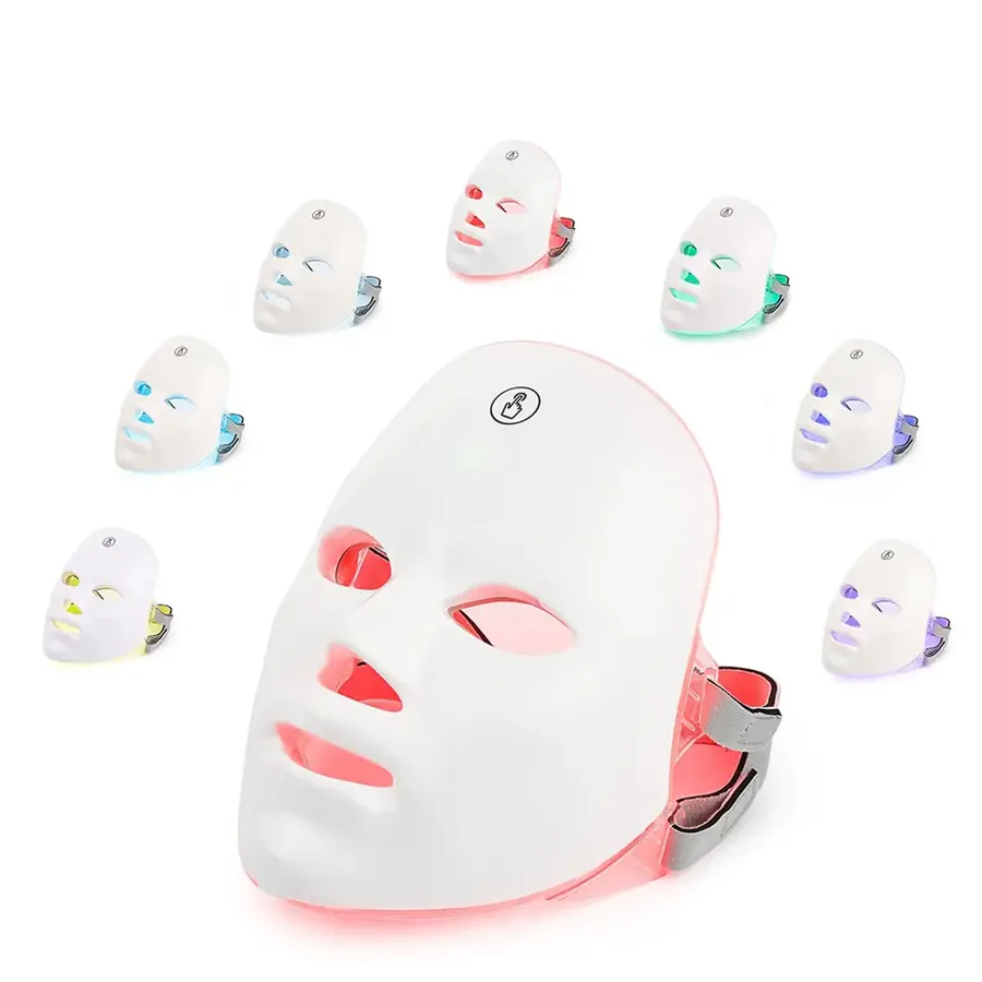 7-colour LED face mask shown in red, with the other six light colours around it